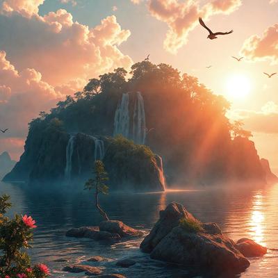 The primary subject of the image is a beautiful island with a waterfall, surrounded by a serene lake. The island is covered in lush greenery, and there are several birds flying around the area. The setting is a picturesque landscape with a combination of natural elements, such as the waterfall, the lake, and the birds. The visual style of the image is a digital art or illustration, creating a vibrant and captivating scene. The colors and mood of the image are predominantly warm and inviting, with the lush greenery and the presence of birds adding a sense of tranquility and harmony to the environment.